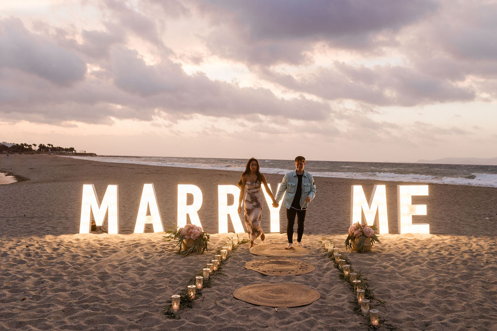 Exclusive marriage proposals in Crete with MARRY ME light signs