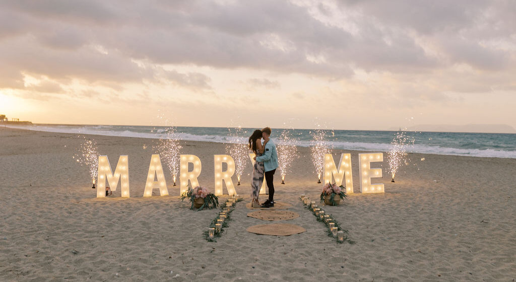 Exclusive marriage proposals in Crete with MARRY ME light signs